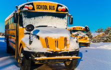 Yellow school bus covered in snow